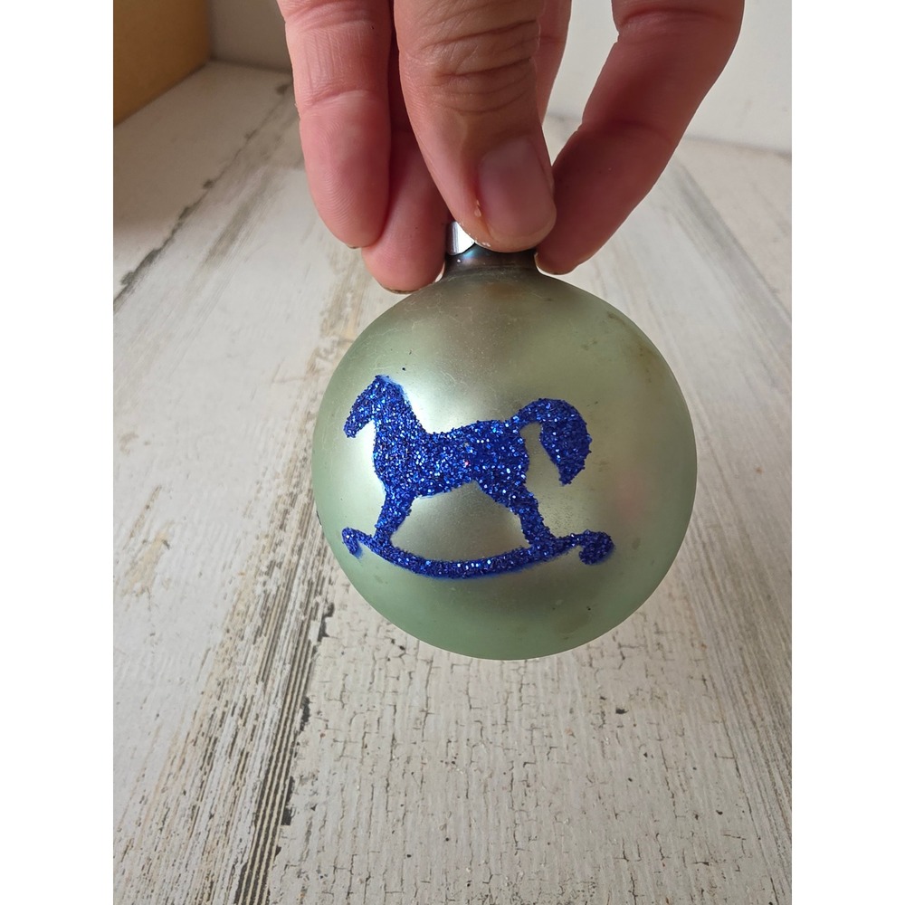 Vintage rocking horse mica stencil mercury glass ornament blue Xmas tree